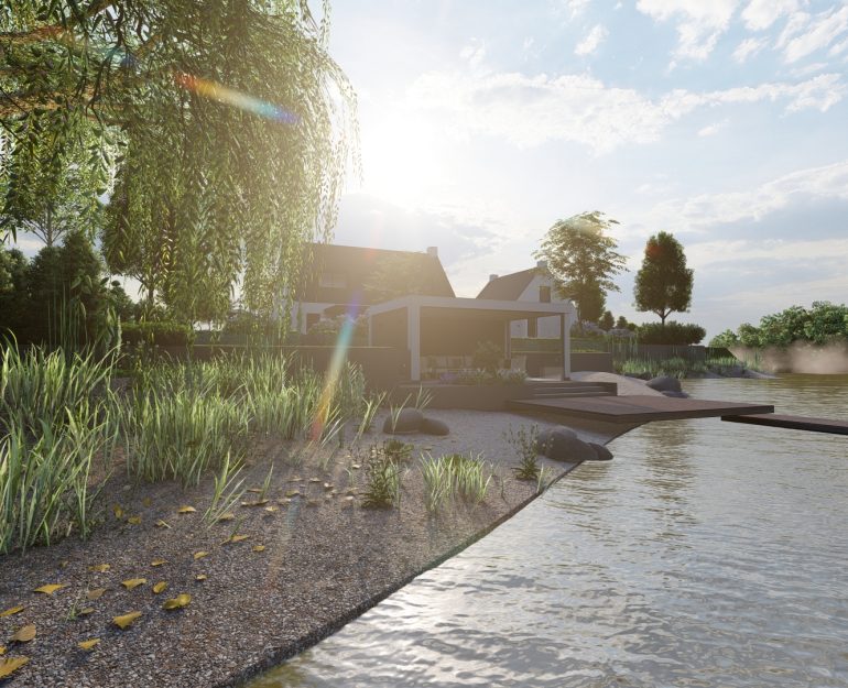 Oevertuin met buitenverblijf en hoogteverschil
