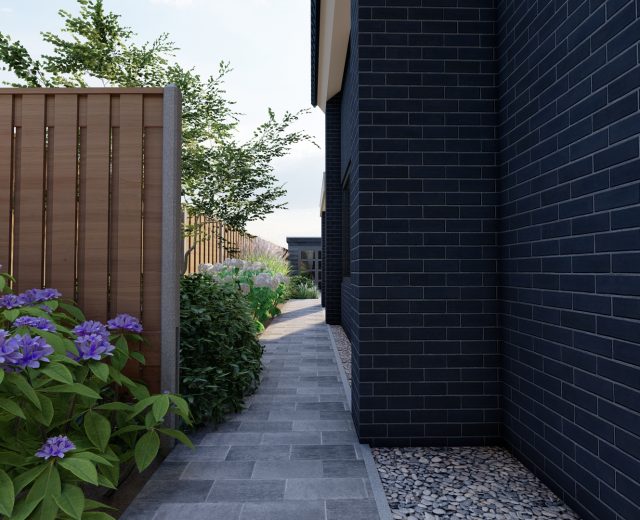 Doorkijk langs woning